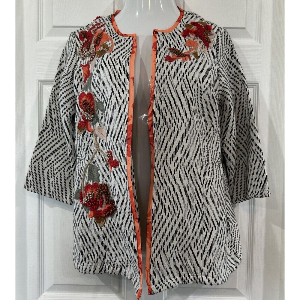 Chico's Size 1P Fall Colors Embroidered Floral Ribbon Jacket Blazer Petite M